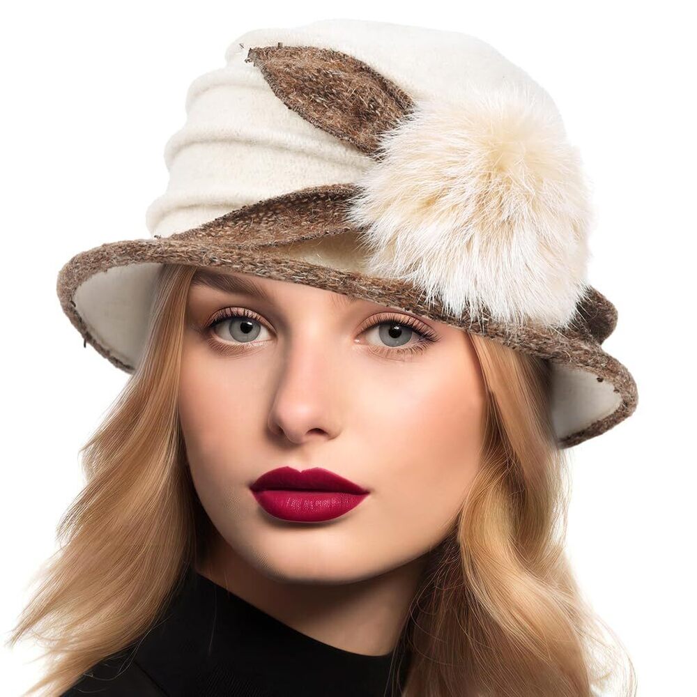 7462 Women Vintage Felt Bucket Hat Winter Wool Dress Beret Hat (c030-cream)